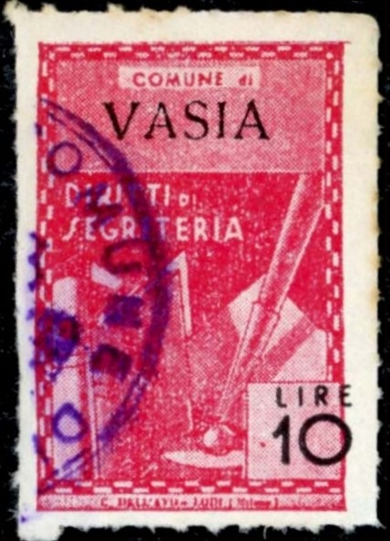 Marca da Bollo del Comune di VASIA su Carta Bianca di dimensioni 21,5 x 32,5 mm