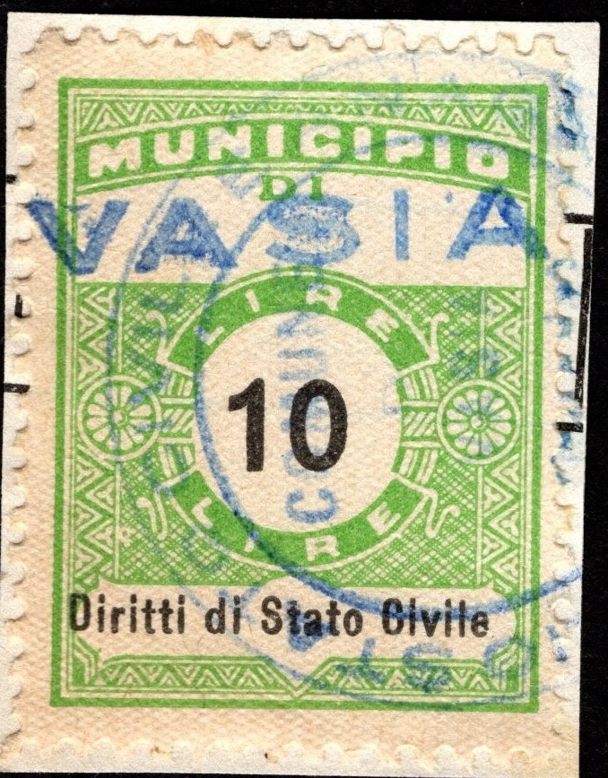 Marca da Bollo del Comune di VASIA su Carta Bianca di dimensioni 21 x 29 mm