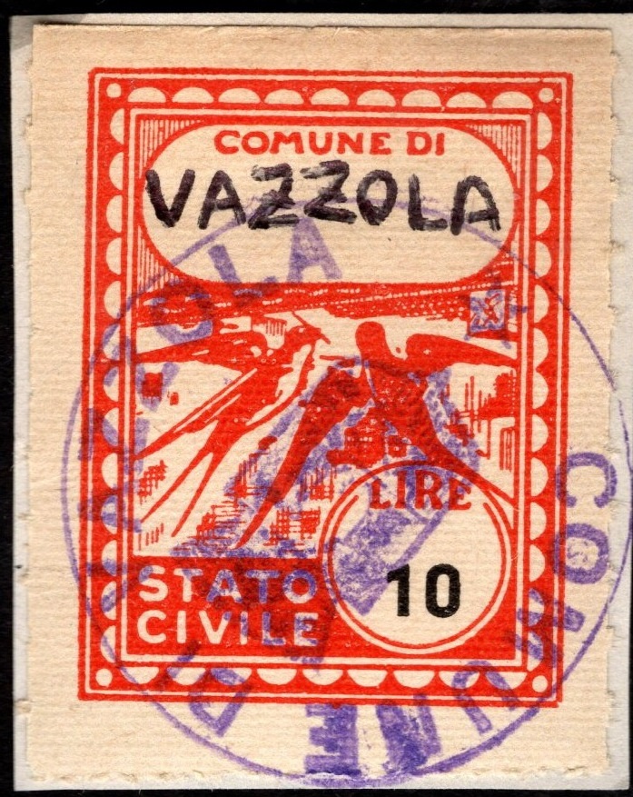 Marca da Bollo del Comune di VAZZOLA su Carta Bianca di dimensioni 22 x 26 mm