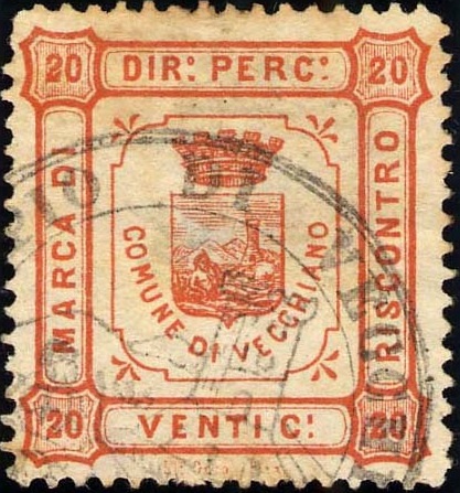 Marca da Bollo del Comune di VECCHIANO su Carta Bianca Sottile di dimensioni 27 x 29 mm