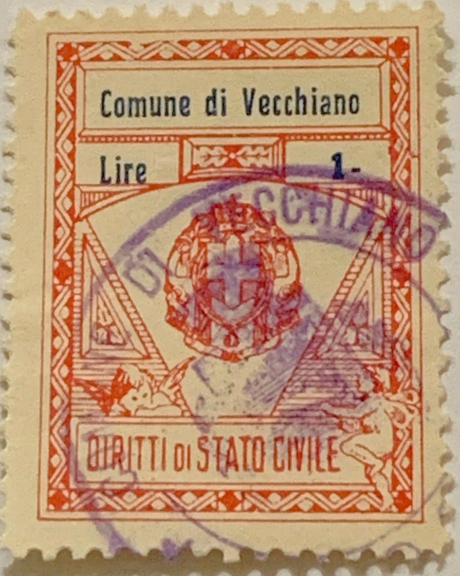 Marca da Bollo del Comune di VECCHIANO su Carta Bianca di dimensioni 22,5 x 29 mm