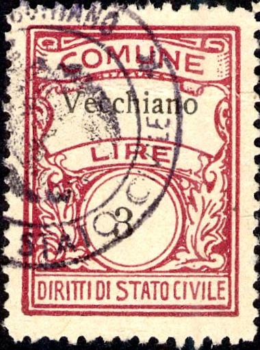 Marca da Bollo del Comune di VECCHIANO su Carta Bianca di dimensioni 22,5 x 29 mm