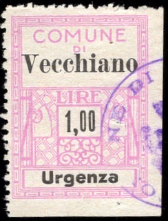 Marca da Bollo del Comune di VECCHIANO su Carta Bianca di dimensioni 22,5 x 29 mm