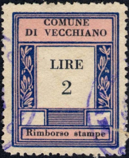 Marca da Bollo del Comune di VECCHIANO su Carta Bianca di dimensioni 23 X 30 mm