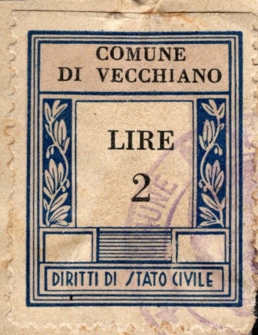 Marca da Bollo del Comune di VECCHIANO su Carta Bianca di dimensioni 23 X 30 mm