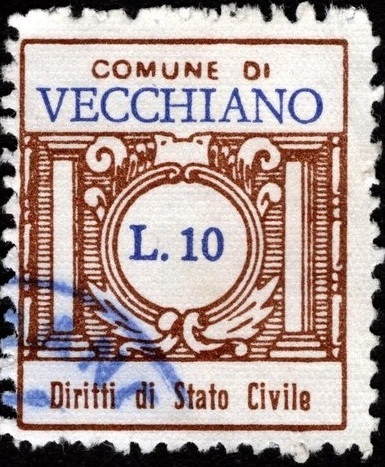 Marca da Bollo del Comune di VECCHIANO su Carta Bianca Sottile di dimensioni 21 x 25 mm