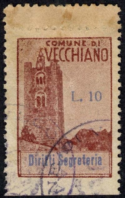Marca da Bollo del Comune di VECCHIANO su Carta Bianca di dimensioni 20 x 30 mm