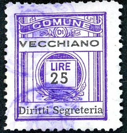 Marca da Bollo del Comune di VECCHIANO su Carta Bianca di dimensioni 21 x 24 mm