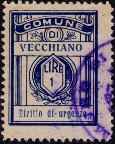 Marca da Bollo del Comune di VECCHIANO su Carta Bianca di dimensioni 21,5 x 28,5 mm