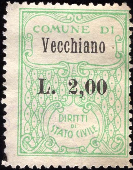 Marca da Bollo del Comune di VECCHIANO su Carta Bianca di dimensioni 23 x 29 mm
