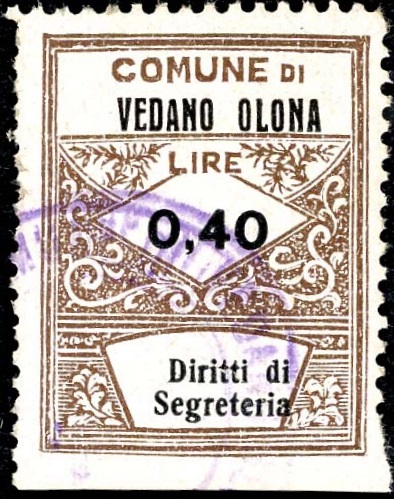 Marca da Bollo del Comune di VEDANO OLONA su Carta Bianca di dimensioni 22 x 29 mm