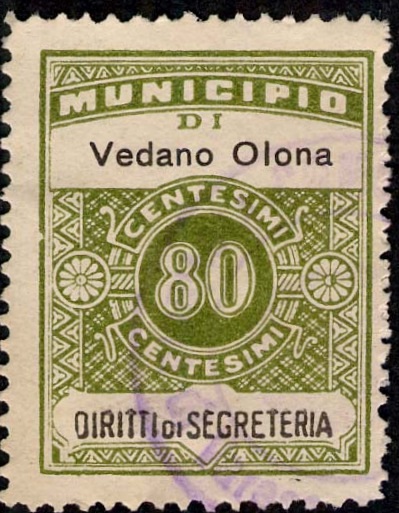 Marca da Bollo del Comune di VEDANO OLONA su Carta Gialla di dimensioni 22,5 x 28,5 mm