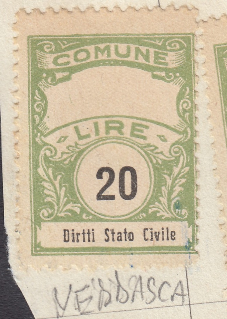 Marca da Bollo del Comune di VEDDASCA su Carta Arancione di dimensioni 22,5 x 29 mm