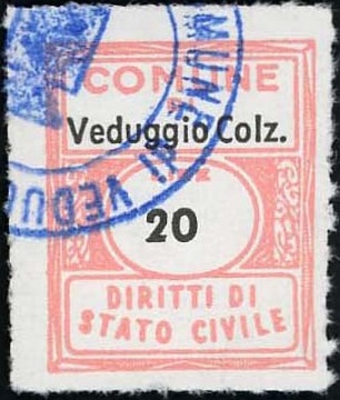 Marca da Bollo del Comune di VEDUGGIO CON COLZANO su Carta Bianca Sottile di dimensioni 17 x 21 mm