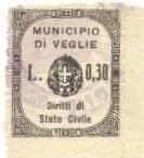 Marca da Bollo del Comune di VEGLIE su Carta Bianca Sottile di dimensioni 24,5 x 29 mm