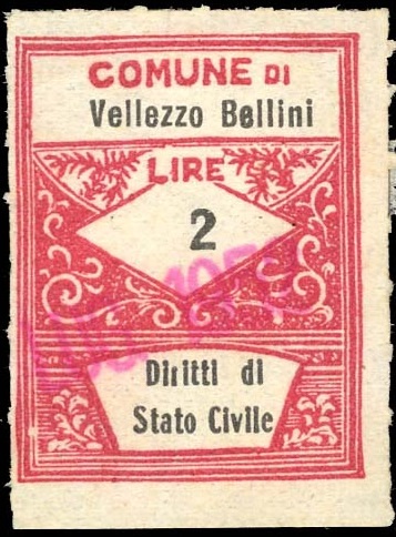 Marca da Bollo del Comune di VELLEZZO BELLINI su Carta Bianca Sottile di dimensioni 22 x 28 mm