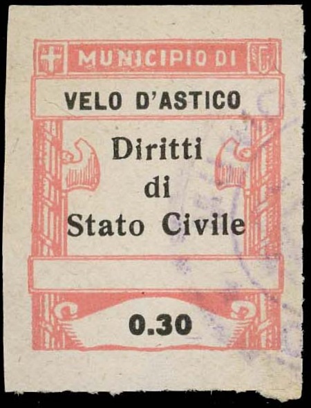 Marca da Bollo del Comune di VELO D´ASTICO su Carta Bianca di dimensioni 18 x 28,5 mm
