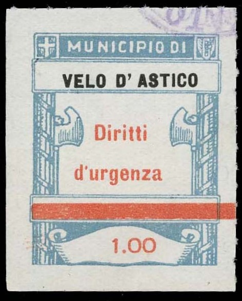 Marca da Bollo del Comune di VELO D´ASTICO su Carta Bianca di dimensioni 18 x 28,5 mm