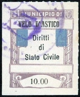 Marca da Bollo del Comune di VELO D´ASTICO su Carta Bianca di dimensioni 18 x 28,5 mm