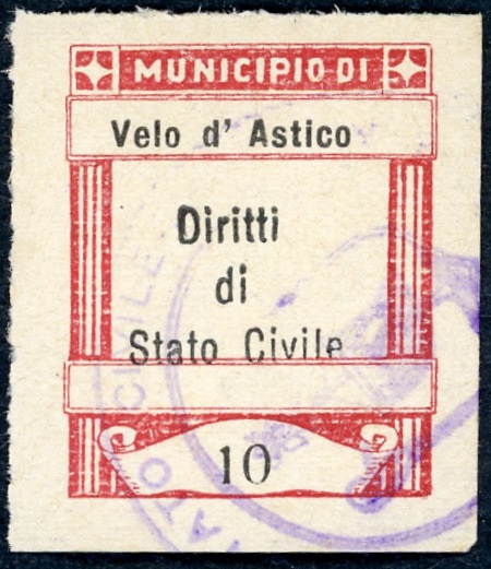 Marca da Bollo del Comune di VELO D´ASTICO su Carta Bianca di dimensioni 18 x 28 mm