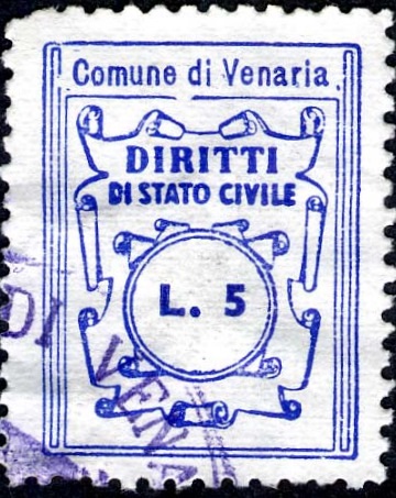 Marca da Bollo del Comune di VENARIA REALE su Carta Bianca di dimensioni 20 x 26 mm