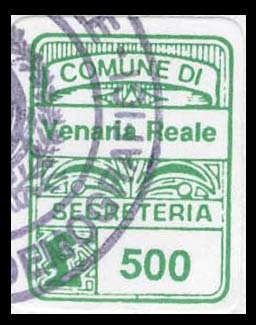 Marca da Bollo del Comune di VENARIA REALE su Carta Bianca di dimensioni 15,5 x 20,5 mm
