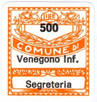 Marca da Bollo del Comune di VENEGONO INFERIORE su Carta Bianca di dimensioni 19 x 21 mm