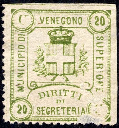 Marca da Bollo del Comune di VENEGONO SUPERIORE su Carta Bianca Sottile di dimensioni 24 x 27 mm