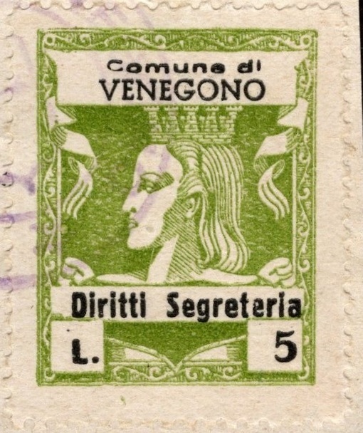 Marca da Bollo del Comune di VENEGONO SUPERIORE su Carta Bianca Sottile di dimensioni 24 x 27 mm
