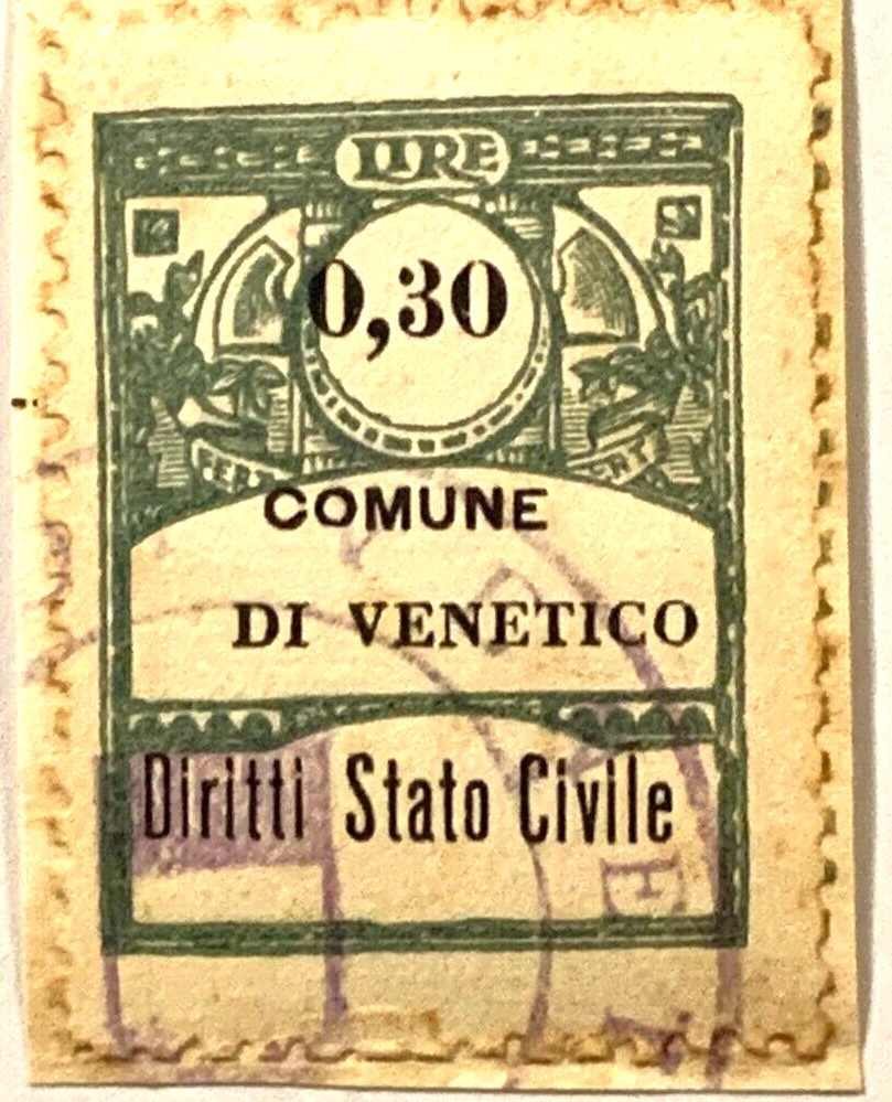 Marca da Bollo del Comune di VENETICO su Carta Bianca di dimensioni 21 X 32 mm