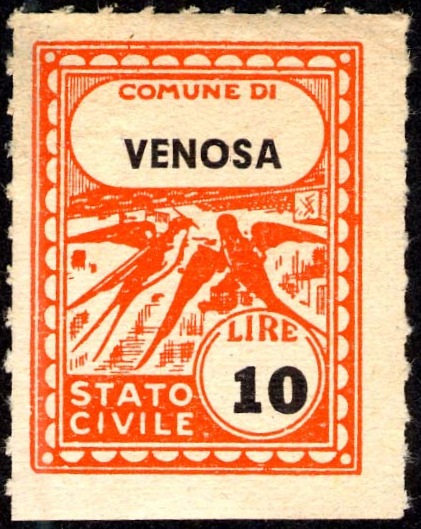 Marca da Bollo del Comune di VENOSA su Carta Bianca di dimensioni 17 x 22,5 mm