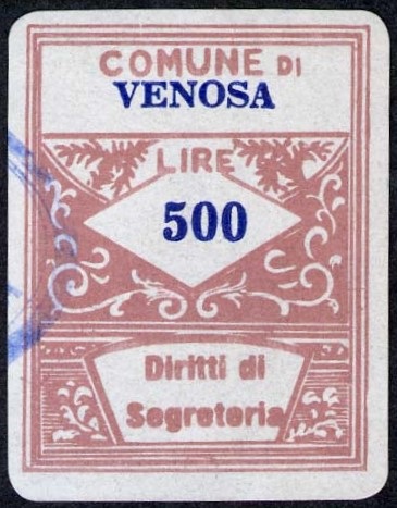 Marca da Bollo del Comune di VENOSA su Carta Bianca di dimensioni 17,5 x 22,5 mm