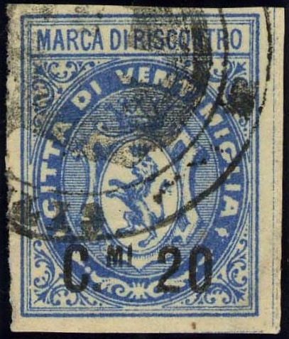 Marca da Bollo del Comune di VENTIMIGLIA su Carta Bianca di dimensioni 23 X 30 mm
