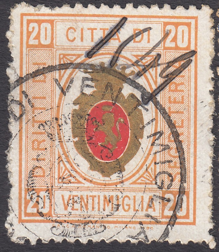 Marca da Bollo del Comune di VENTIMIGLIA su Carta Bianca di dimensioni 24 x 28 mm