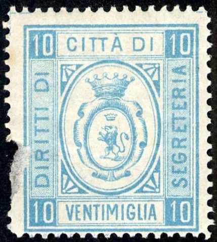 Marca da Bollo del Comune di VENTIMIGLIA su Carta Bianca di dimensioni 24,5 x 29 mm