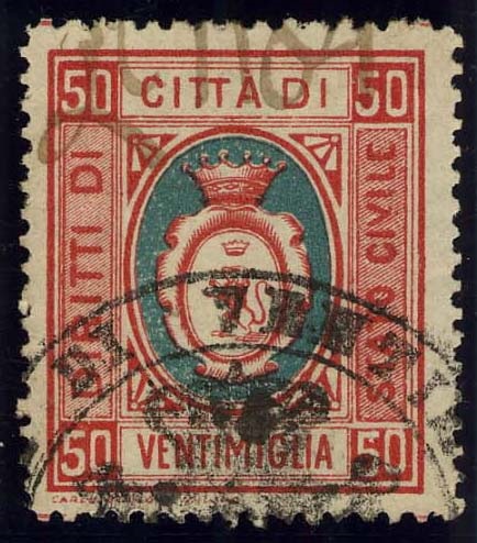 Marca da Bollo del Comune di VENTIMIGLIA su Carta Bianca di dimensioni 24,5 x 29 mm