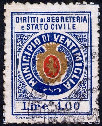 Marca da Bollo del Comune di VENTIMIGLIA su Carta Bianca Sottile di dimensioni 22 x 29,5 mm