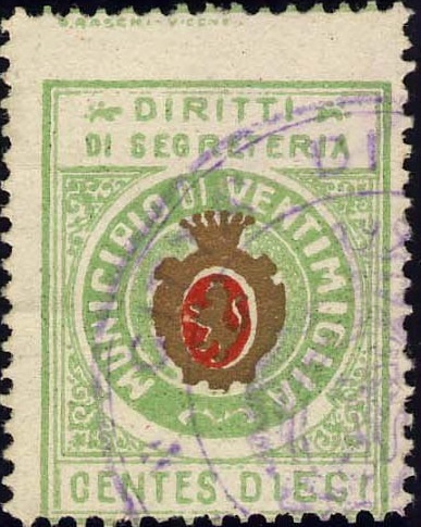 Marca da Bollo del Comune di VENTIMIGLIA su Carta Bianca Sottile di dimensioni 22 x 29 mm