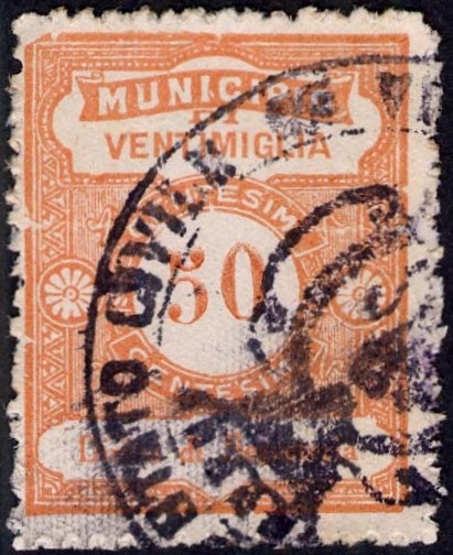 Marca da Bollo del Comune di VENTIMIGLIA su Carta Bianca Sottile di dimensioni 23,5 x 29,5 mm