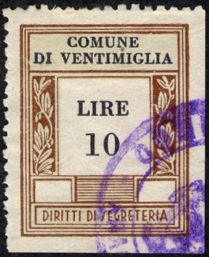 Marca da Bollo del Comune di VENTIMIGLIA su Carta Bianca di dimensioni 23 X 30 mm