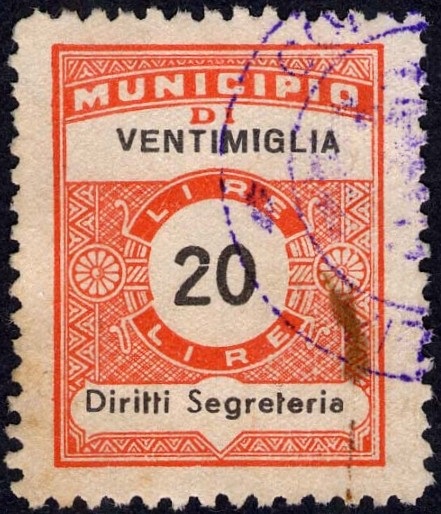 Marca da Bollo del Comune di VENTIMIGLIA su Carta Bianca Sottile di dimensioni 22,5 x 29 mm