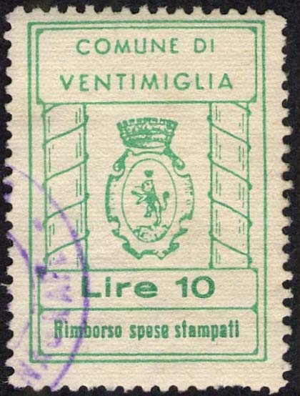 Marca da Bollo del Comune di VENTIMIGLIA su Carta Bianca di dimensioni 23 X 30 mm