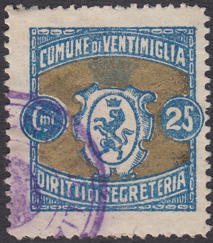 Marca da Bollo del Comune di VENTIMIGLIA su Carta Bianca Sottile di dimensioni 24 x 26 mm