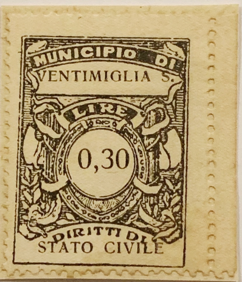 Marca da Bollo del Comune di VENTIMIGLIA su Carta Bianca Sottile di dimensioni 21 x 29 mm