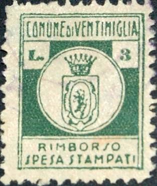Marca da Bollo del Comune di VENTIMIGLIA su Carta Bianca Sottile di dimensioni 22,5 x 28,5 mm