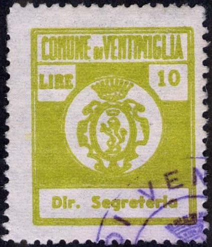 Marca da Bollo del Comune di VENTIMIGLIA su Carta Bianca di dimensioni 22,5 x 27 mm