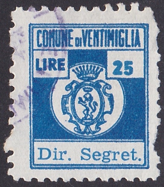 Marca da Bollo del Comune di VENTIMIGLIA su Carta Bianca Sottile di dimensioni 16,5 X 20 mm
