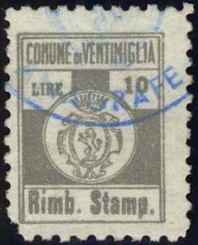 Marca da Bollo del Comune di VENTIMIGLIA su Carta Bianca Sottile di dimensioni 14 x 18,5 mm