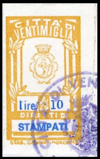 Marca da Bollo del Comune di VENTIMIGLIA su Carta Bianca di dimensioni 17 x 28 mm