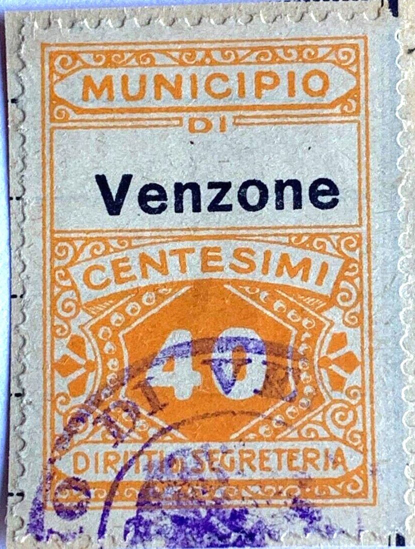 Marca da Bollo del Comune di VENZONE su Carta Bianca di dimensioni 22,5 x 29 mm
